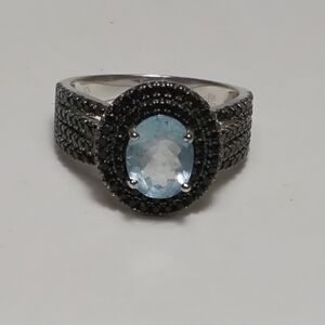 Aquamarine Black Spinel 925 Silver Ring Sz 8-1/2